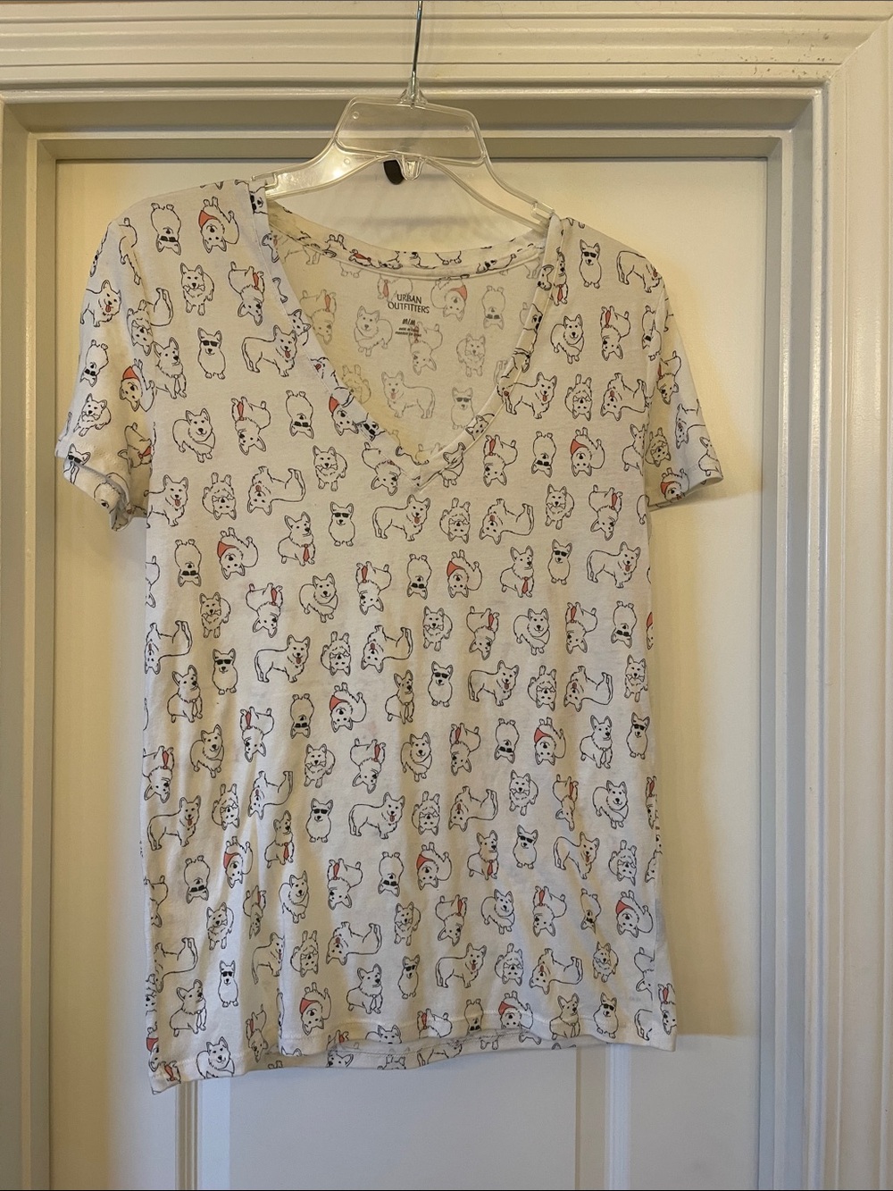 Urban Outfitters cream V-Neck Tee with Corgi Line Art